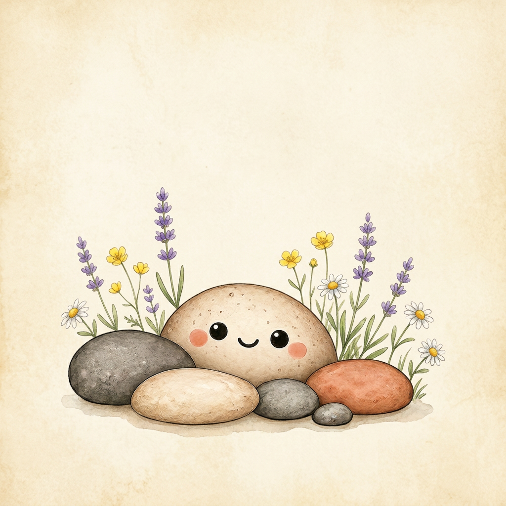 Whimsical illustration of smiling pebbles, mushrooms and wildflowers